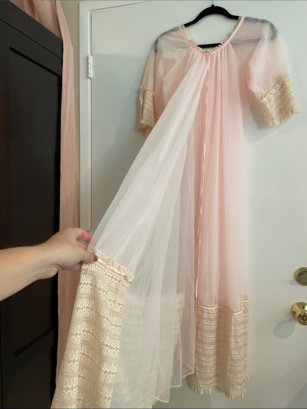 Sheer Pink Vintage Peignoir with Lace Trim